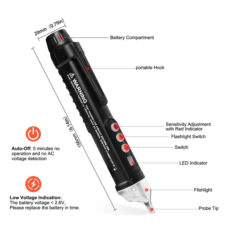 LOMVUM детектор напряжения ручка Бесконтактный AC/DC измеритель напряжения электрическая компактная ручка тестер напряжения карандаш 12 В/48 В-1000 В
