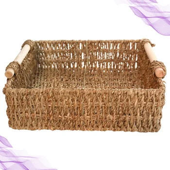 

Straw Basket Wooden Handle Table Simple Storage Basket for Sundries Cosmetics Key (Small Size 21x21x5cm)
