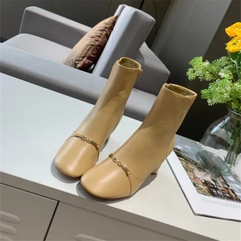 

Round heel shoes Metal lace boots Round head shoes women Genuine Leather shoes Ankle Boots Autumn Winter Overshoes