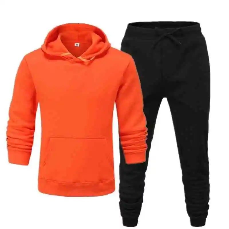 orange black Зимний однотонный костюм с капюшоном, мужской повседневный спортивный костюм, мужская куртка в стиле хип-хоп, пуловер, толстовка, мужские худи+ черные брюки - Цвет: orange black