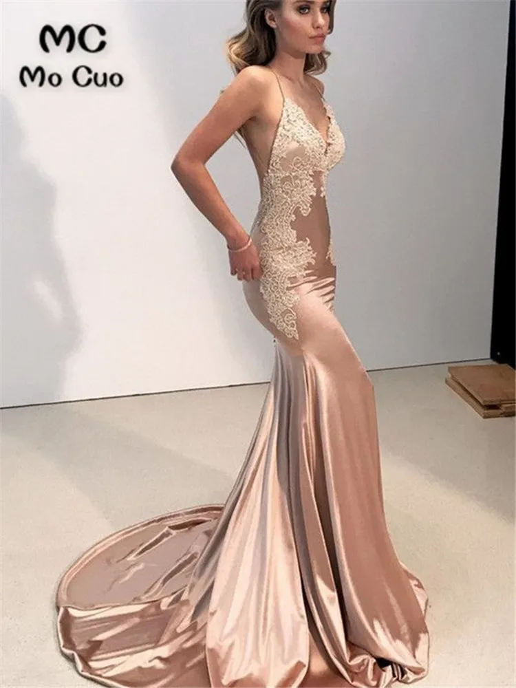 

Sexy Mermaid Lace Prom Dresses Long Evening Gown Spaghetti Straps Backless Sweep Train Shiny Satin Prom Party Dress for Women
