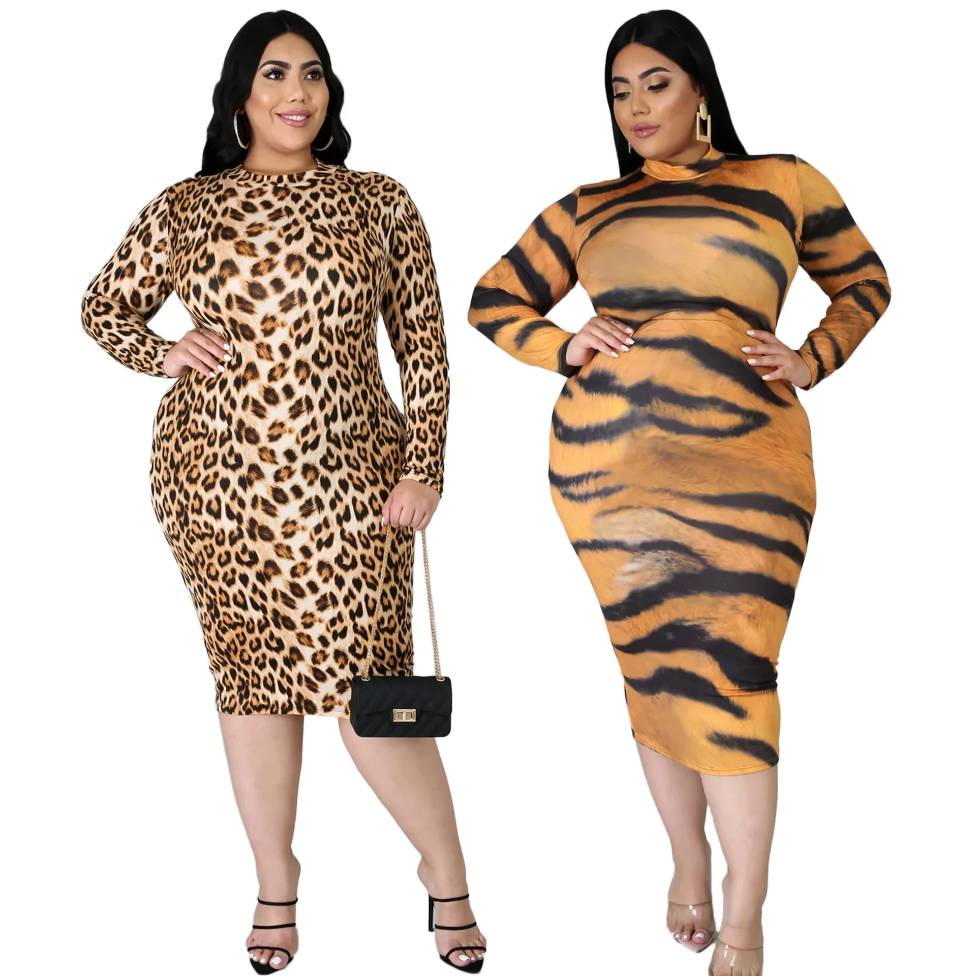 Plus Size 2xl-6xl Women's Leopard Print Tiger Print Long-sleeved Fitting  Bodycon Wholesale Lots One Piece Step Lady OL clothing - AliExpress