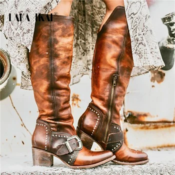 

LALA IKAI 2019 Winter Warm Women Boots PU Leather Middle Tube Button Boots Waterproof Mid Heels Pointed Toe Shoes XWA9886-4