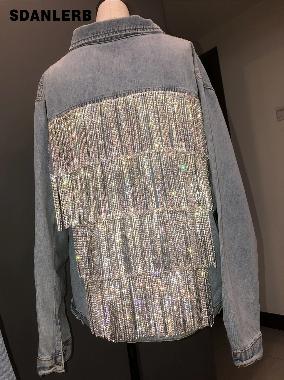 

High-Density Chain Tassel Rhinestone Denim Jacket Woman 2020 Spring Autumn Diamond Jean Jacket Ladies Streetwear Studded Coat