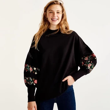 

2019 Autumn and Winter New Women's Sweatshirt Black Popular Print Embroidery Warm Long-sleeved Pullover Sweatshirt