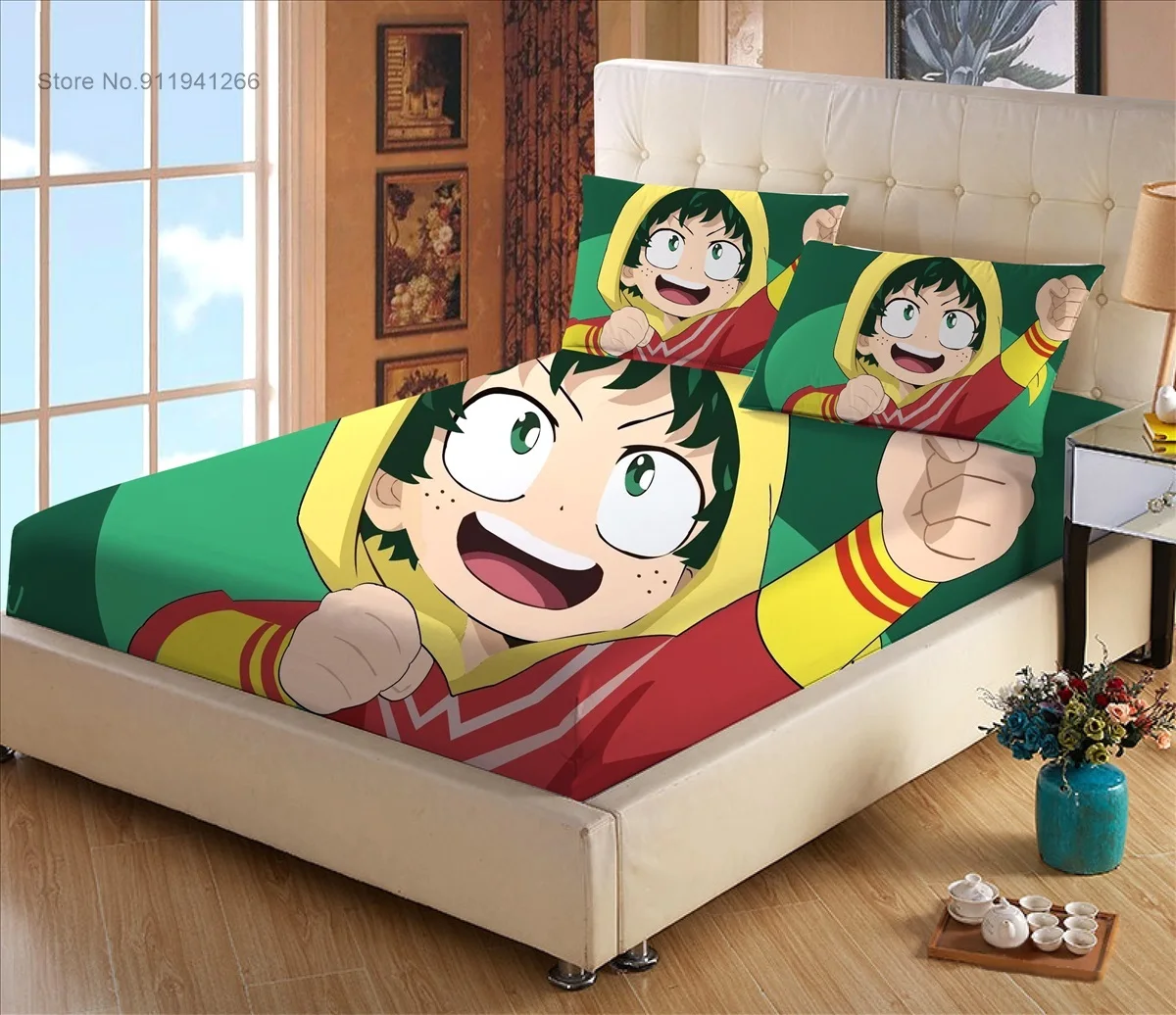 Cartoon My Hero Academia Printed Flannel Elastic Fitted Sheet Warm And Thick Bedlinens Winter Mattress Cover Protector 150x200cm