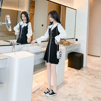 

Fake Two Piece Dress Women's clothing Small Fresh Loose Ruffle Peter Pan Collar Long Sleeve Harajuku Dresses For Women