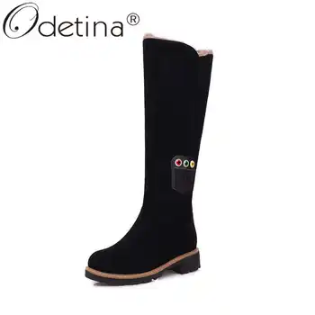

Odetina Women Fashion Turned-over Edge Platform Round Toe Snow Boots Block Mid Heel Faux Suede Slip On Sewing Knee High Boots
