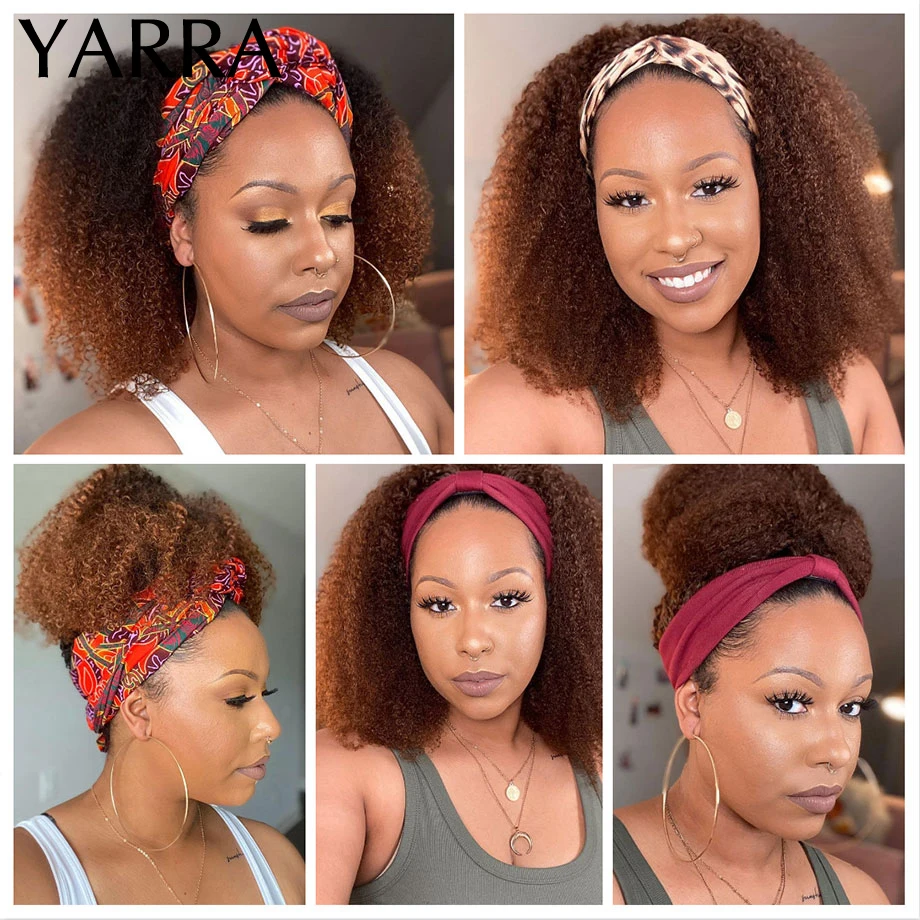 Afro Kinky Curly Headband Wig Human Hair Ombre 1b/30 Remy Brazilian Hair Headband Wigs for Black Women 180% Machine Made Yarra 6