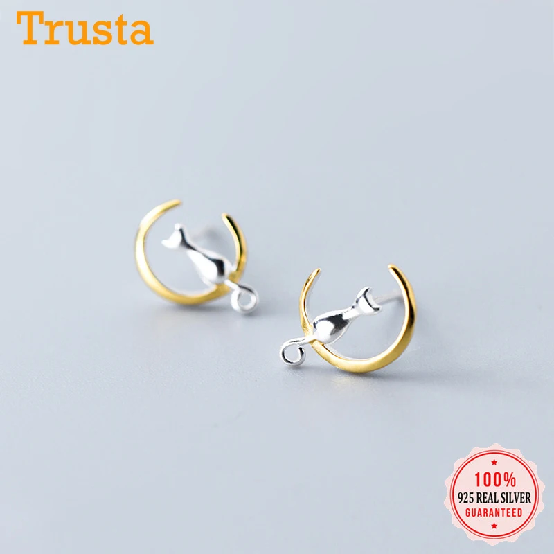 

Trusta 100% 925 Solid Real Sterling Silver Cat Stud Earring Cute Gift Earrings For Women Girl Kid Fashion Jewelry DS1709