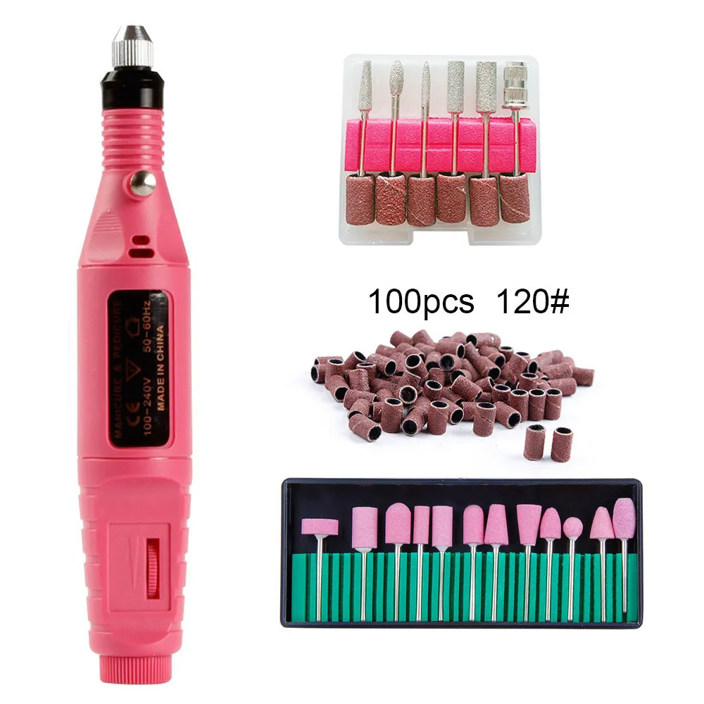 Pink 120 Электрические сверла для ногтей комплект фрезерный сверлильный станок для маникюра и педикюра, фрезер для ногтей файл шлифовка бандажей гель для снятия 18 шт. фрезы - Цвет: Pink 120