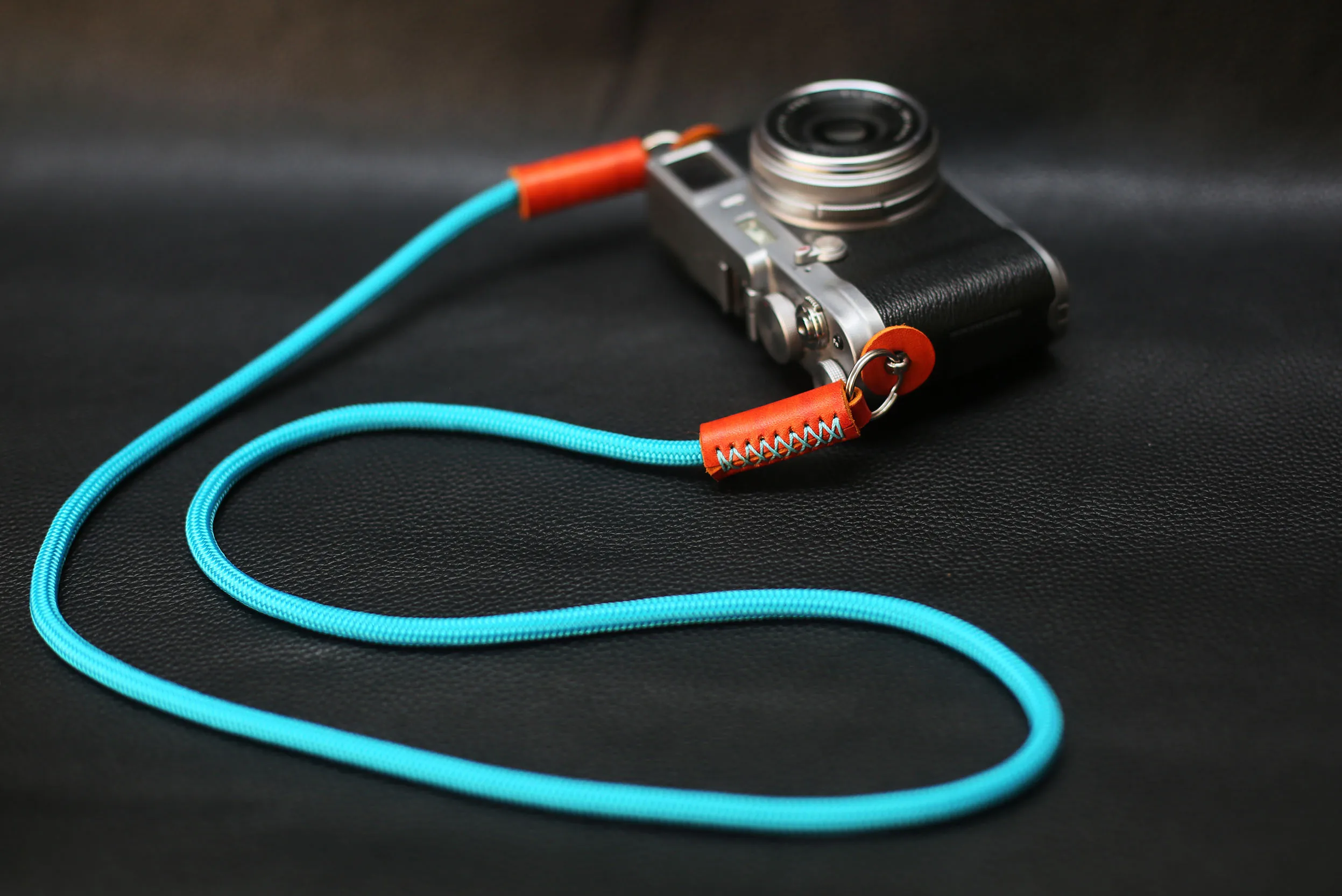 Peacock blue 6mm climbing rope brown leather handmade camera neck shoulder strap