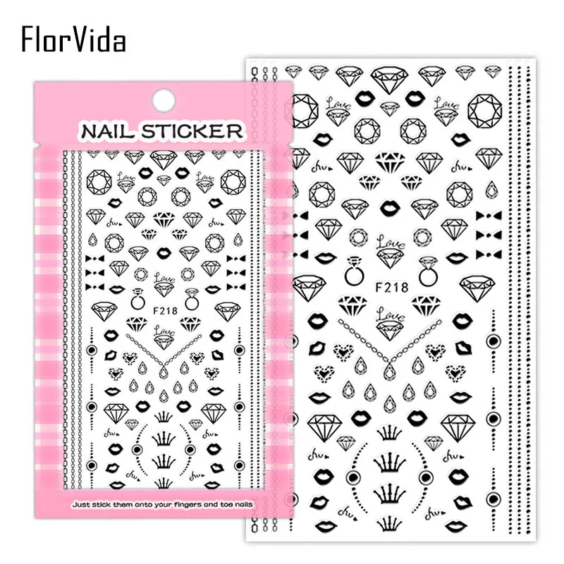F218 Black FlorVida F214-220 3D слайдер для ногтей золотые черные наклейки Переводные картинки с бабочками клейкий дизайн для маникюра Советы украшения для ногтей - Цвет: F218 Black