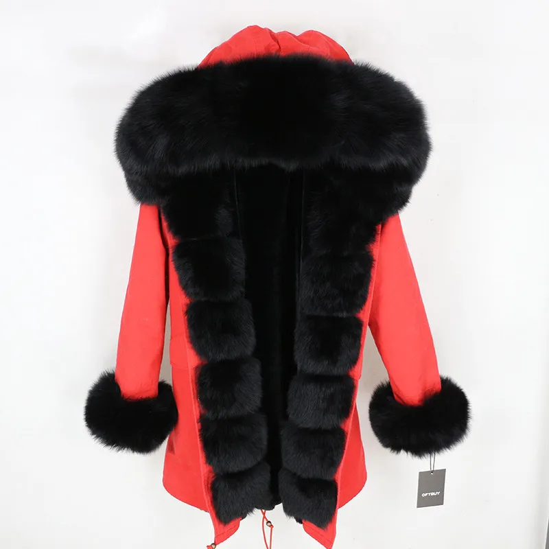 red black Зимняя куртка женская шуба из натурального меха натуральный Лисий меховой воротник свободные длинные парки Большой Мех Толстая теплая верхняя одежда съемный - Цвет: red black