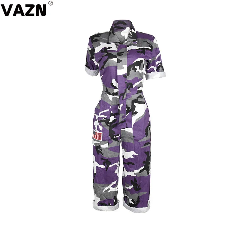 VAZN GMD1074 Новые камуфляжные Модные женские комбинезоны, юные женские с короткими рукавами, длинные штаны, комбинезоны с v-образным вырезом, волнующие Клубные Комбинезоны