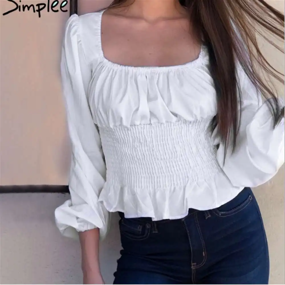 Women bishop full sleeve square neck Blouses T Shirt l183 | Женская одежда