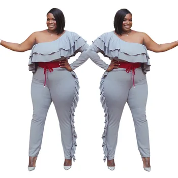 

Winter Autumn Women Plus Size XL-4XL One Shoulder Full Sleeve Solid one piece Ruffles Bodycon Jumpsuit Sexy Club Romper S399
