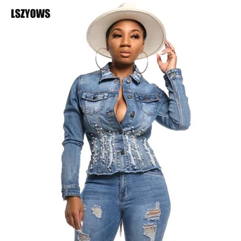 

Pearls Beading Denim Blouse Women Ripped Jeans Casual Long Sleeve Shirts Winter Streetwear Button Up Vintage Female Outwear Tops