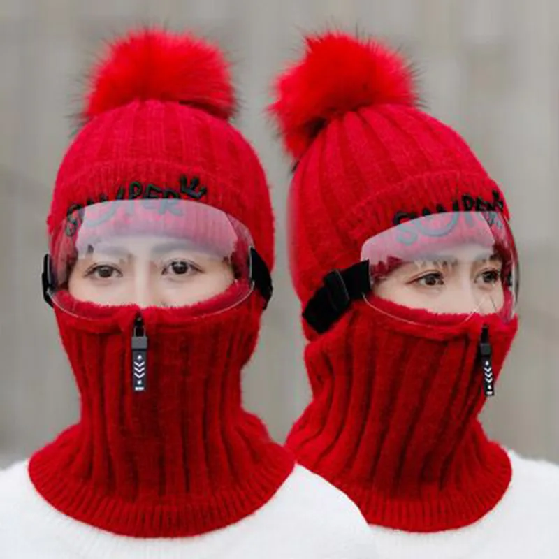 Женская Толстая теплая шапка Skullies, женская вязаная шапка с буквенным принтом, лыжные наборы для езды на велосипеде, зимние вязаные шапки - Цвет: Red