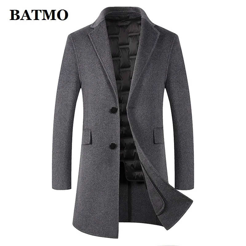 

BATMO 2019 wool trench coat men,men's white duck down liner wool jackets,long trench coat,plus-size 910
