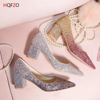 

HQFZO Women's High Heels Pumps Sexy Bling Bride Shoes Block Heels Female Shoes Wedding Shoes Gold Sliver Pink Tacos Sandals
