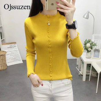 

Autumn Winter Pullovers Women's Ruffles Sweaters With Pearl Slim White Yellow Tops Woman's Warm Clothing Black