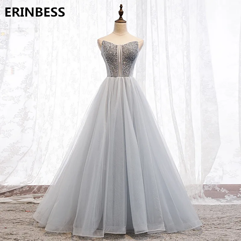 ERINBESS Robe De Soiree A-Line Серый Тюль с бусинами длинное платье для выпускного вечера es вечерние платья Элегантное праздничное длинное платье для выпускного вечера