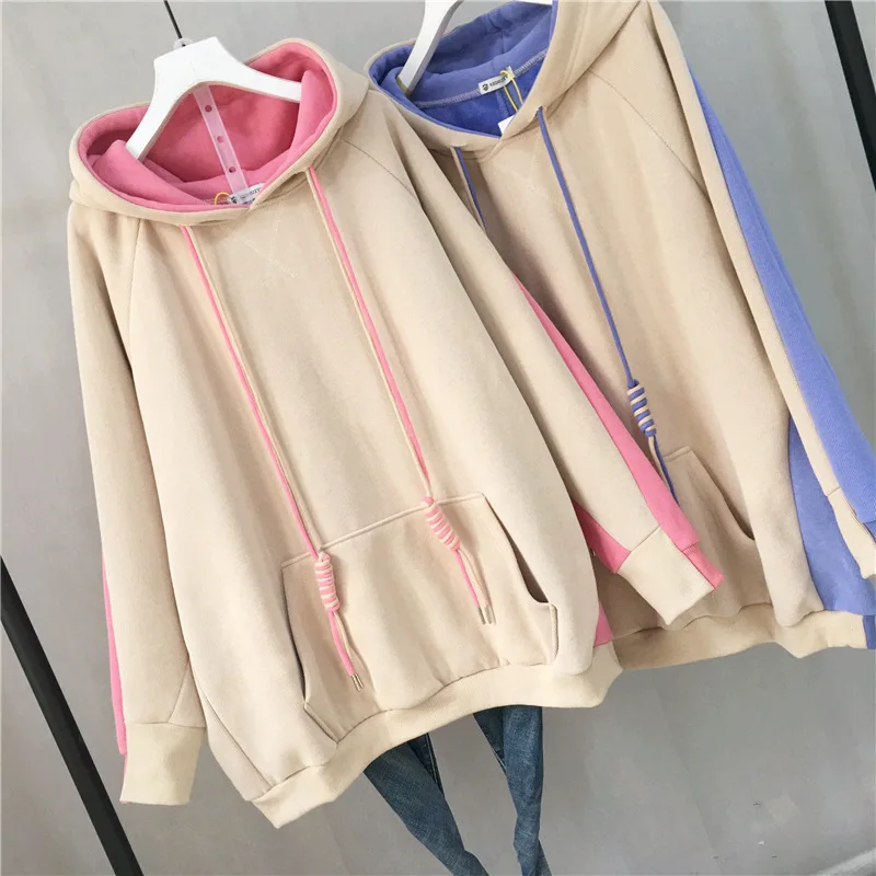 Autumn& Winter New Arrival Color Matching Sweatshirt Korean Loose Hooded Plus Velvet Thickening Sweatshirt Free Shipping
