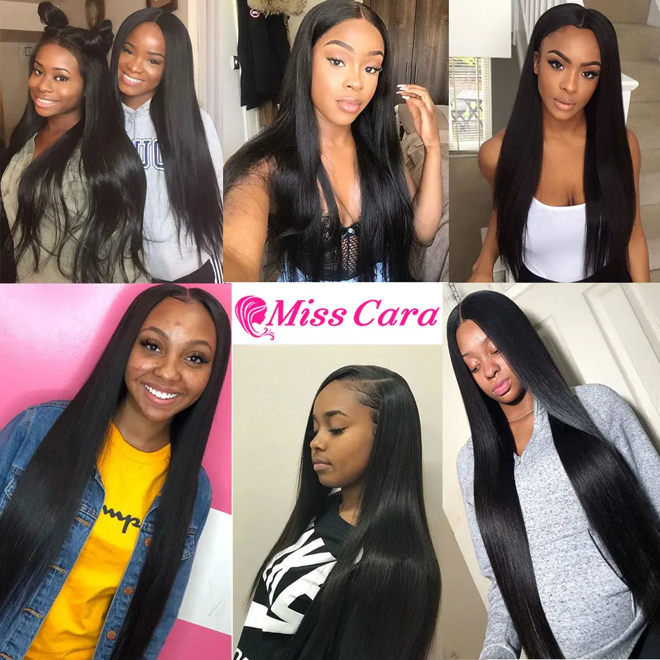 Baratos Mechones de pelo liso peruano con Frontal Miss Cara 100% cabello humano Remy 3 4 mechones con cierre Frontal 13*4 con mechones