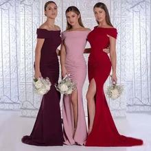 Charming Simple Mermaid Bridesmaid Dresses Off Shoulder Neck Pleated Side Split Country Style Maid Of Honor Gowns Свадебное плат
