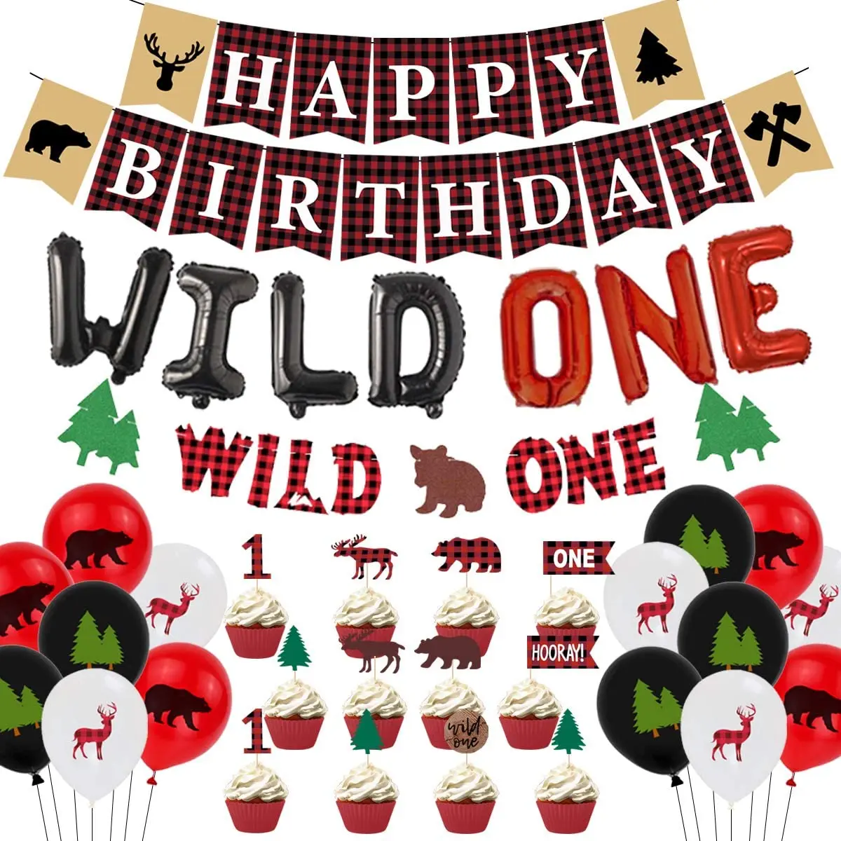 

Lumberjack 1st Birthday Party Decorations for Boys First Birthday Party Supplies with Wild One Balloon Banner Cake Topper