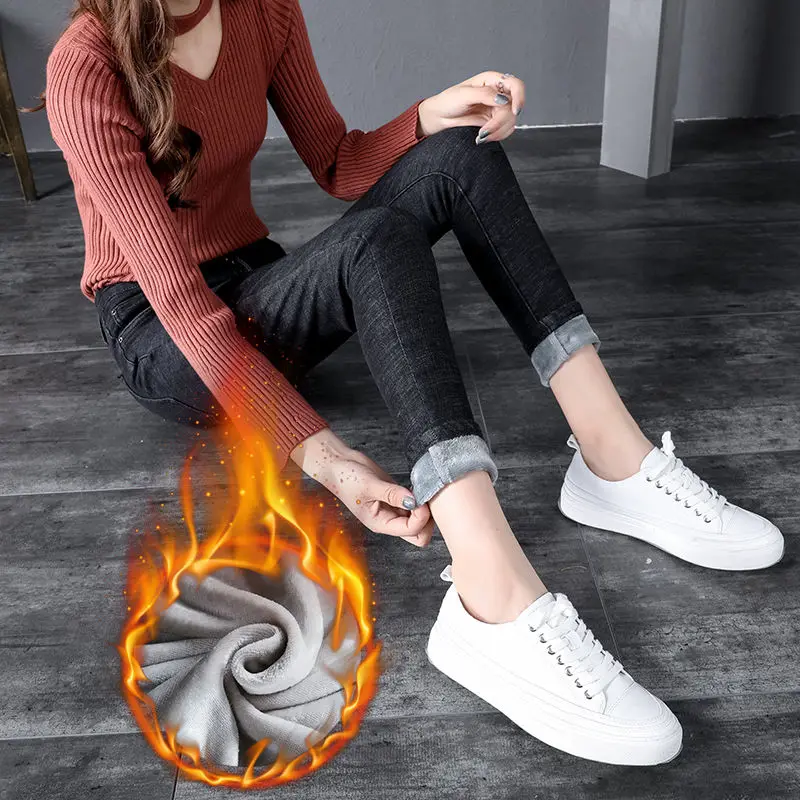 Black gray velvet Зимние теплые джинсы для женщин, обтягивающие эластичные джинсовые брюки, женские брюки, утепленные черные джинсы плюс бархатные утепленные джинсы - Цвет: Black gray velvet