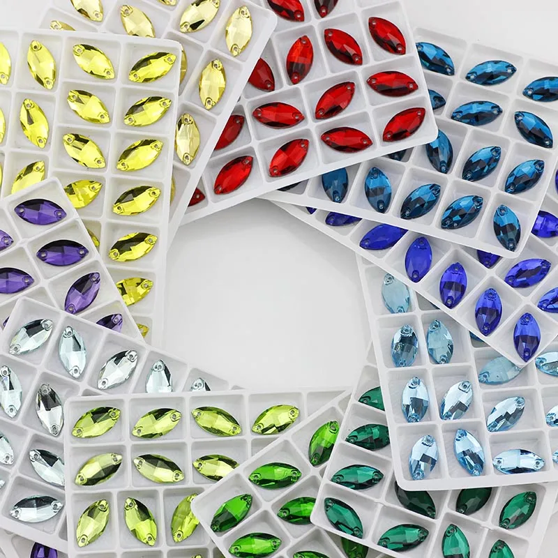 

6 sizes of colored horses eye flat seams sewn on rhinestones Crystal Navette glass sewn on clothing Clothing accessories craft