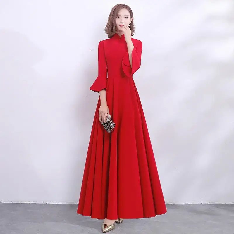 Пикантные китайские черные женские Cheongsam азиатские невесты свадебные вечерние платья воротник стойка длинный Qipao элегантный тонкий Cheongsam - Цвет: Red A