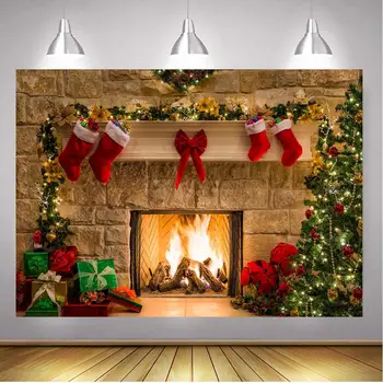 

Christmas Backdrop Christmas Themed Fireplace Backdrop Christmas Tree Sock Gift Decorations for Xmas Party Supplies