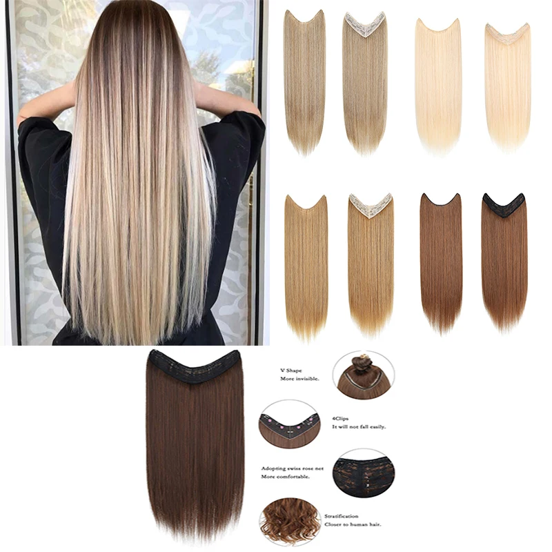 

SHANGZI Long Straight Clip in one Piece Synthetic Hair Extension 4 Clips False Blonde Hair Brown Black Hair Pieces for Women