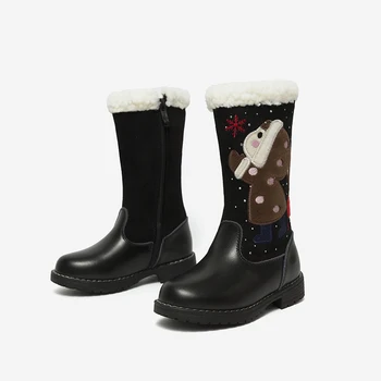 

Winter Girl Boots Kids High Boots Genuine Leather Warm Plush Children's Snow Boots Shoes Tall Martin Cute Cartoon Princess Shoes