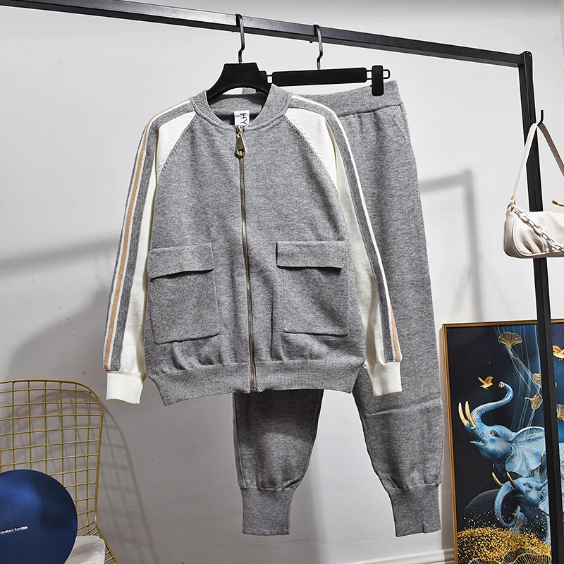

Baseball Knitted Tracksuit Outfits Women Gray Zipper Cardigan Sweater Pencil Pants Set Autumn Loose Sports Knitting Suit Female
