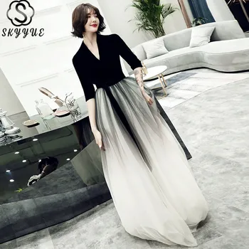 

V-Neck Evening Gown Skyyue K161 Half Sleeve A-Line Robe De Soiree Floor-Length Patchwork Pleat Plus Size Evening Dress 2020