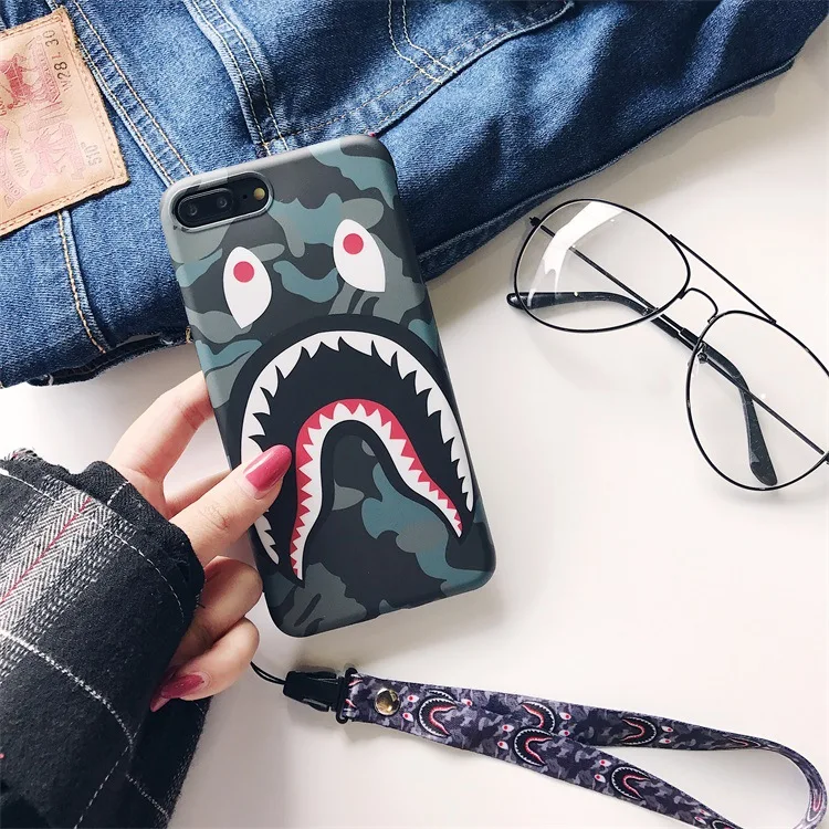 Камуфляж Акула рот чехол для телефона для iphone X XR ремешок чехол s для iphone 7 8 6 Plus анти-осенний чехол - Цвет: Without Lanyard