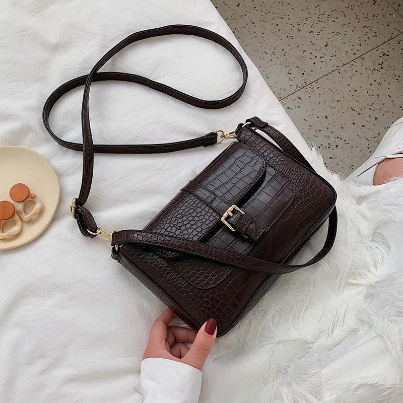 Crocodlie Belt Buckle Designer Pu Leather Crossbody Bags For Women Shoulder Messenger Bag Lady Stone Pattern Handbags Purse