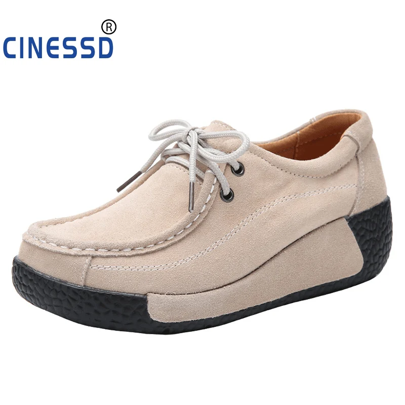 

2019 Spring Women Casual Shoes Women Leather Suede Cowhide Platform Wedges Shoes Autumn Casual Boat Flats Ladies Footwear YK106