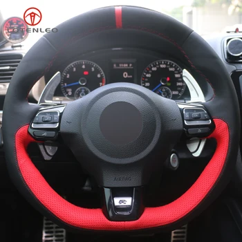

LQTENLEO Black Suede Black Red Leather Car Steering Wheel Cover for Volkswagen Golf 6 GTI MK6 VW Polo GTI Scirocco R Passat CC