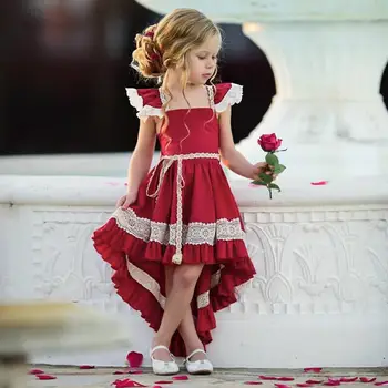 

Kids Girls Red Tailed Dress Lace Bowknot Backless Flying Sleeve Party Evening Dress Up Costumes Children Wear Baby Girl Frocks