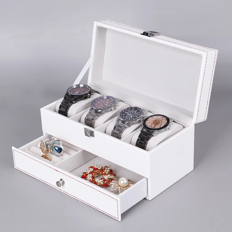 Двойная коробка из искусственной кожи 4 клетчатая коробка для хранения часов и дисплея Коробка для хранения ювелирных изделий