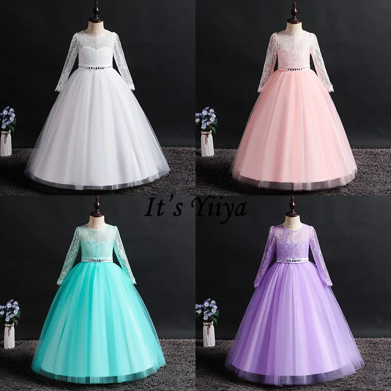 

It's YiiYa Flower Girl Dresses 6 Colors Elegant Long Sleeve Lace Sashes Girls Pageant Dresses Kids Party Communion Dresses 1023