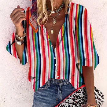 

Women Multicolor Stripes Print Long Sleeves V-Neck Loose Tops Puff Sleeve Button Casual Female #YL5