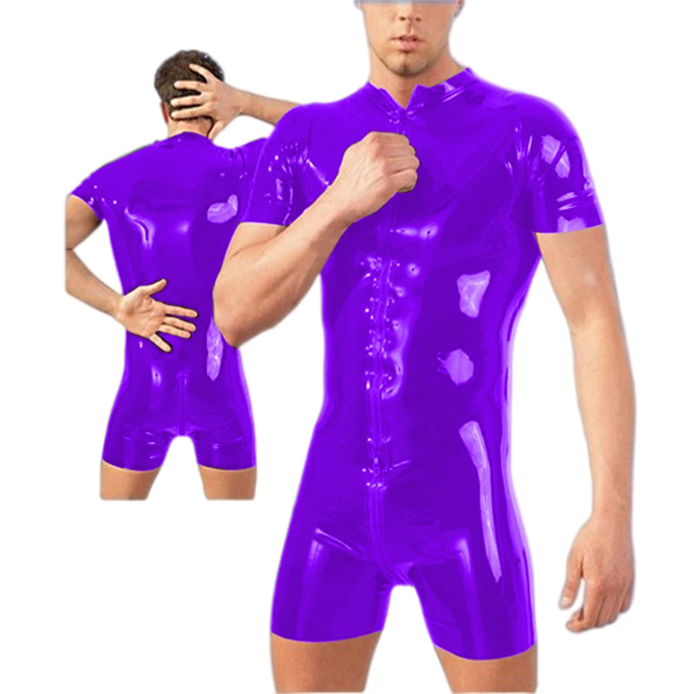 Mens Pvc Bodysuit Skinny Faux Leather Stretch Sexy Bodycon Bodysuits