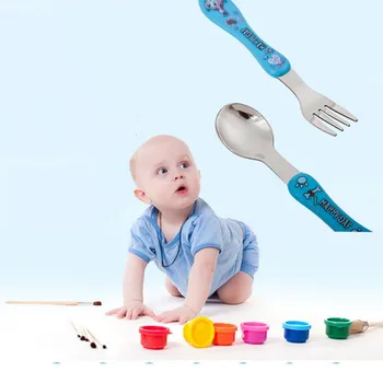 

2pcs Child Toddler Set Baby Spoon Stainless Fork Steel Feeding Cutlery Utensils Sets Cartoon