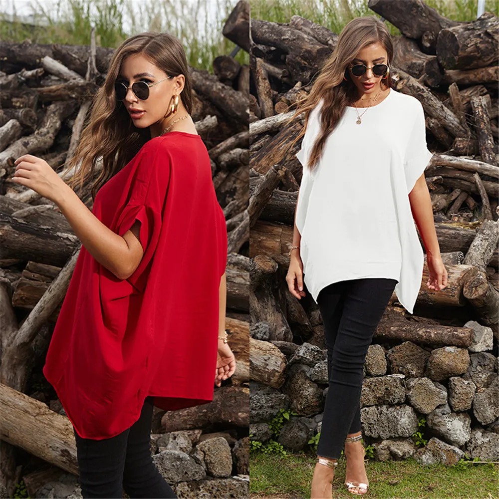 

Plus Size Solid Color T-Shirts Women Summer Short-Sleeved Short-Sleeved Fashion Wild-Match Top Tees Round Neck Mid-Long T-Shirt